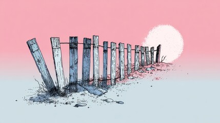 A weathered fence at sunset