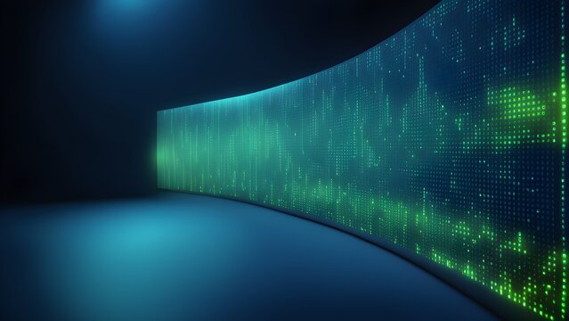 Abstract image a curved wall displaying a matrix glowing green code a dark blue room. - Powered by Adobe