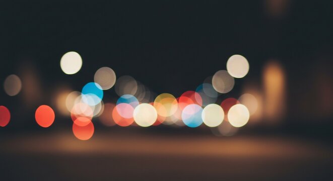 Abstract Nightscape: Bokeh Lights on Dark Road, Urban Glow