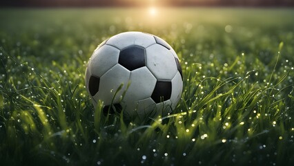 A soccer ball rests dewy grass sunrise, bathed warm golden light.