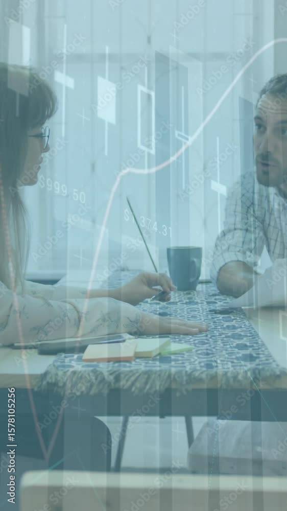 Poster animation of multiple graphs and numbers over diverse coworkers discussing on desk in office