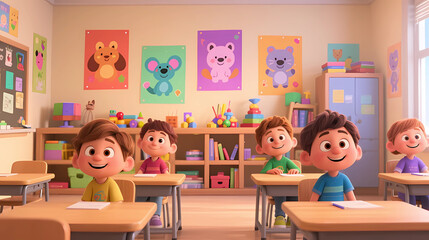 Fototapeta premium Smiling Kids Learning in Bright Classroom with Cute Animal Wall Posters – 3D Illustration