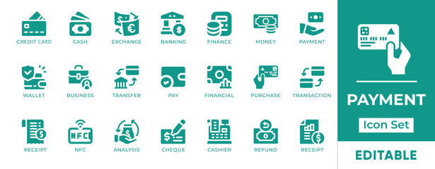 Payment Icon Set. Includes icons of credit cards, mobile wallets, contactless pay, cash, and transactions. Perfect for fintech, e-commerce, and banking use.