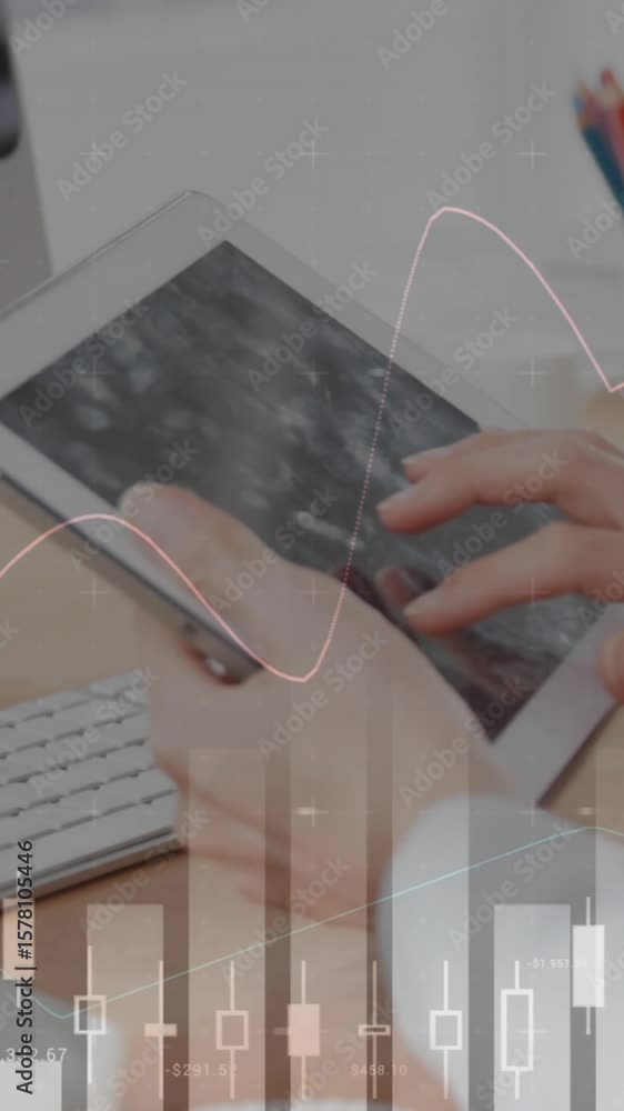 Poster animation of multiple graphs with numbers, midsection of caucasian woman typing on digital tablet