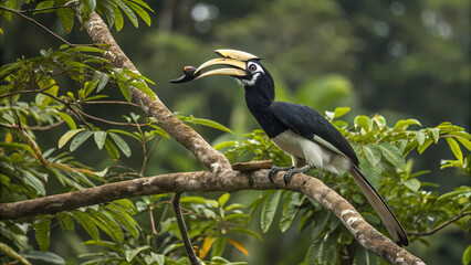 Closeup of oriental pied hornbill with prey perched on a branch in the tropical rainforest nature scene