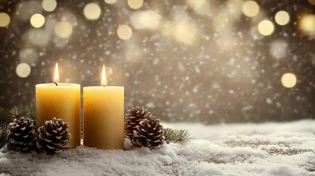 Warm glow of two candles illuminates a peaceful winter scene with falling snow and festive pinecones
