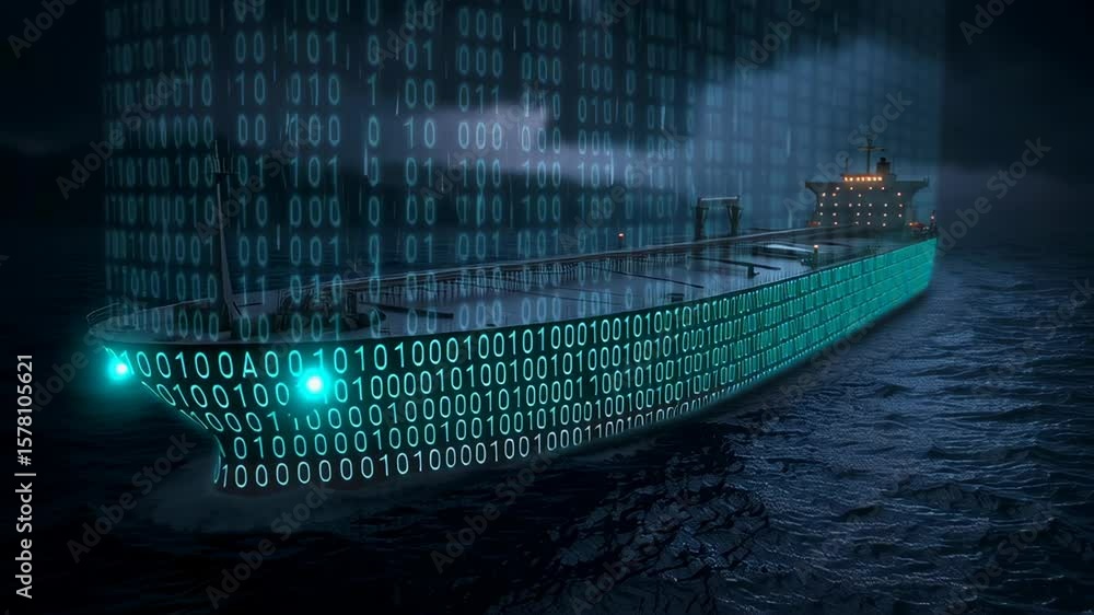 Poster cargo ship illuminated by digital binary code, symbolizing technology integration in maritime transp