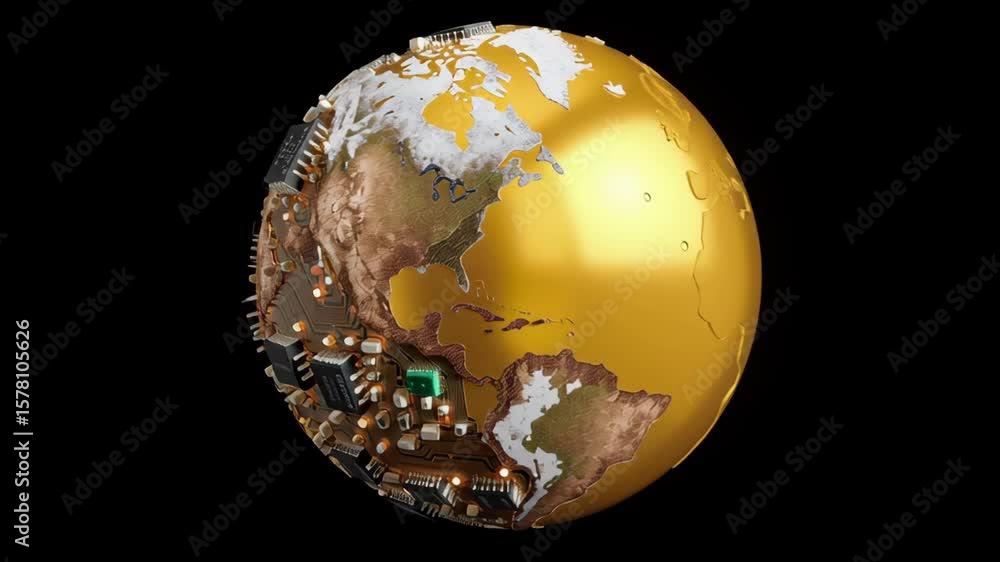 Poster global technology integration globe with continents of circuits and microchips symbolizes digital in