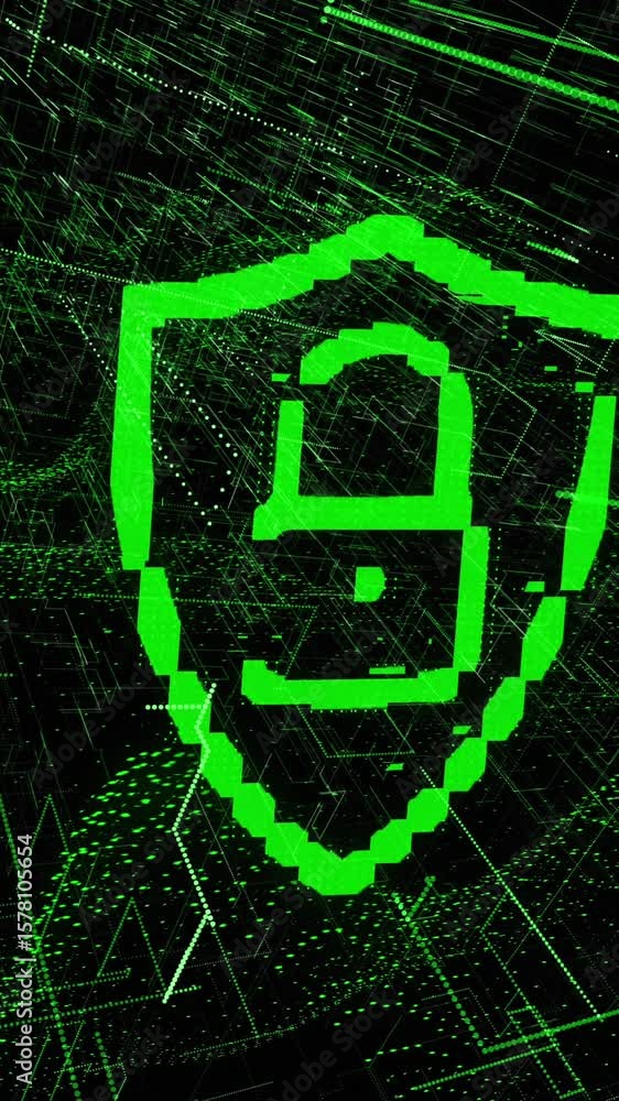 Poster animation of padlock in shield, lines and dynamic waves over illuminated data server systems