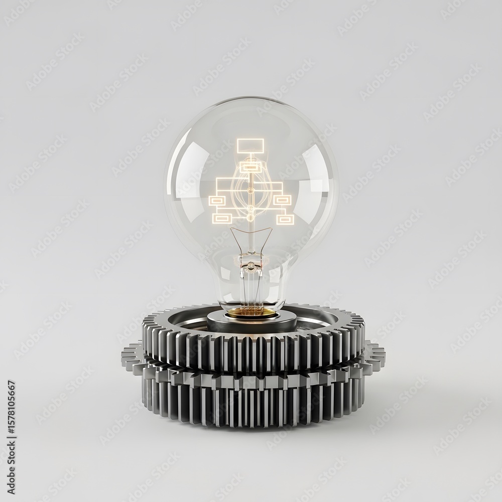 Poster illuminated lightbulb displayed above interlocking metal gears on white background representing idea