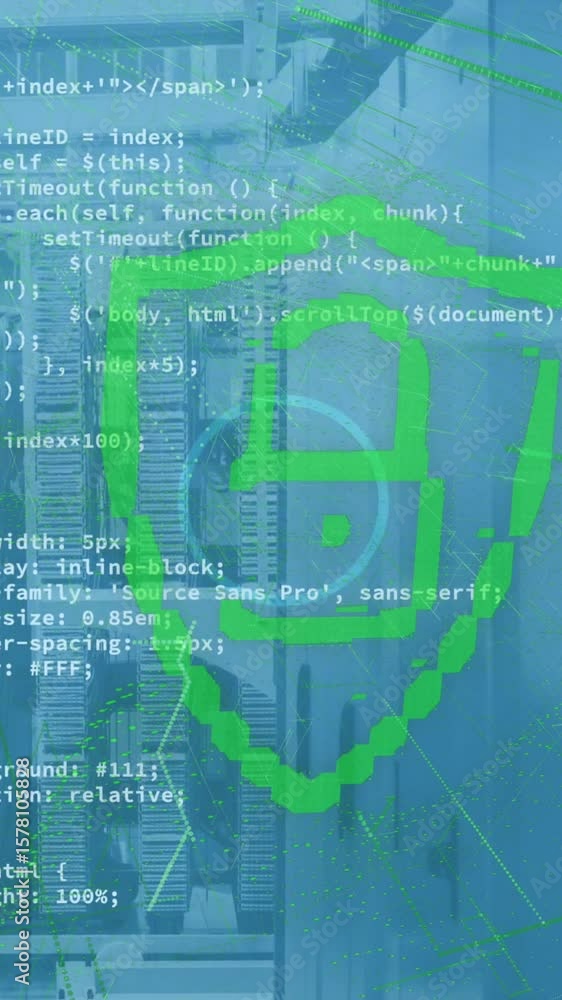 Poster animation of padlock in shield, computer language over bars on data server room