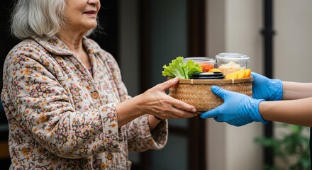 Senior woman receives a woven basket of food from a gloved delivery person