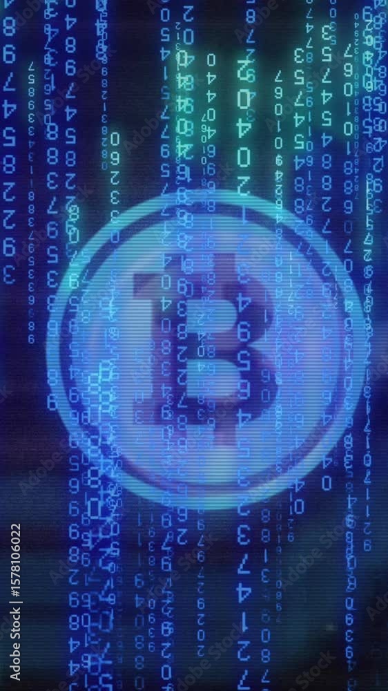 Poster animation of bitcoin over numbers and circuit board against abstract background