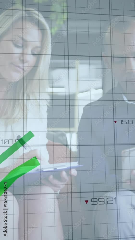 Poster animation of line graphs and numbers over diverse woman writing ideas while discussing with man