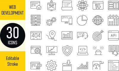 Web Development Line Icon Set &ndash; 30 Editable Stroke Icons for Coding, Design and Deployment