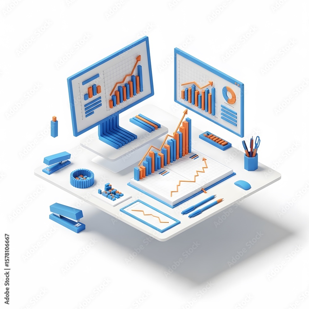 Poster isometric view of data analysis desk with computer screens charts and office supplies on white backg