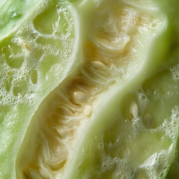 closeup of honeydew melon slice pale green pulp with visible seeds macro texture detail natural t