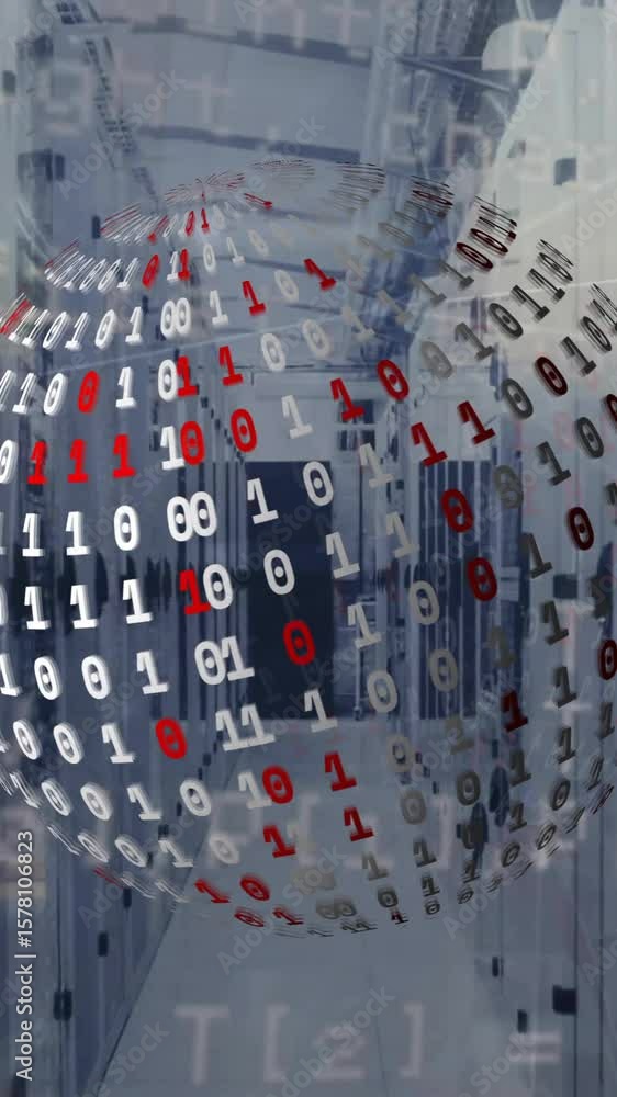 Aufkleber animation of globe with binary coding and data processing over computer servers