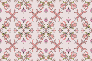Ornate floral pattern repeats across a soft pink background for a vintage textile or wallpaper design.