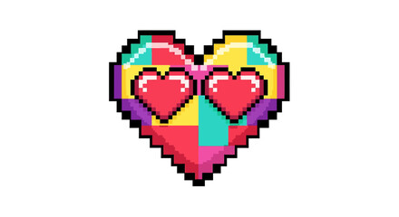 Fototapeta premium Pixel art heart with smaller hearts as eyes, showcasing a colorful, geometric design.