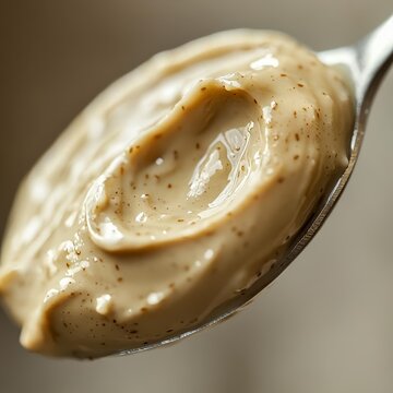 closeup of tahini paste in a spoon creamy sesame seed spread texture macro food photography sharp clean background