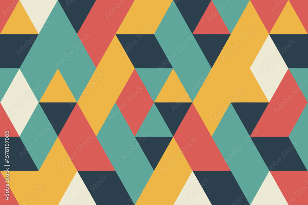 Poster colorful geometric pattern of triangles and rhombuses creates a vibrant abstract design.