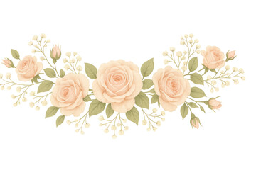 Naklejka premium Soft peach roses intertwined with delicate baby's breath forming elegant floral garland against pristine transparent backdrop