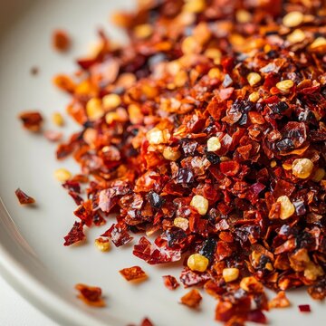 closeup of urfa biber flakes on white ceramic plate glossy redblack chili texture macro Turkish spice photography