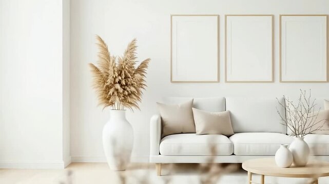 Modern living room with white sofa, beige pillows, and three empty vertical frames on a white wall. Stylish, minimalist, perfect for wall art mockup and home decor design.