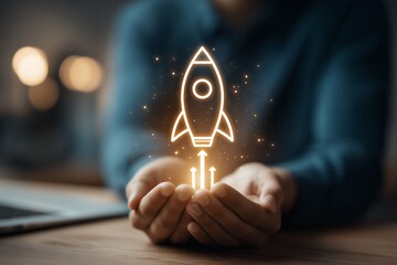 Person's hands holding glowing digital rocket icon symbolizing startup launch and business growth on dark background, concept for new venture funding, corporate expansion strategy, and innovative