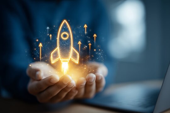 Human hands holding a glowing digital rocket with upward arrows on a dark background, concept for business growth, innovation startup, and future technology promotion