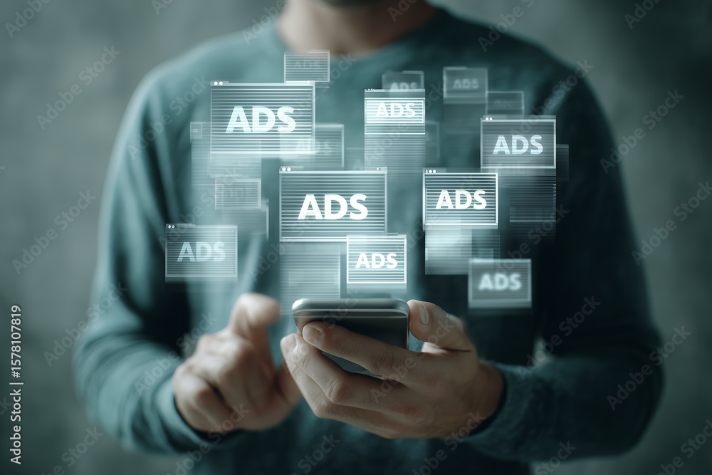 Poster close up of unrecognizable person holding a smartphone, interacting with numerous floating digital a