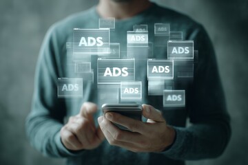Close up of unrecognizable person holding a smartphone, interacting with numerous floating digital advertisement icons, concept for online advertising strategies, mobile marketing campaigns