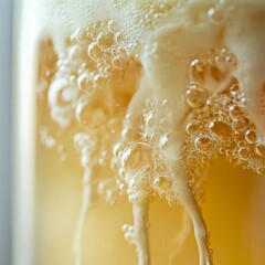 Fototapeta premium closeup of kombucha in a clear glass with bubbles and SCOBY layer macro probiotic beverage photography clean studio background