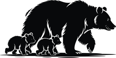 Mother bear and cubs walking family silhouette