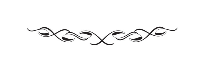 Decorative black and white symmetrical flourish design element on white backdrop.