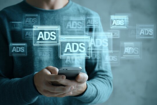 A person holds a smartphone in a blurry environment, surrounded by glowing digital advertising overlays, concept for internet marketing campaigns, social media ads, and website monetization