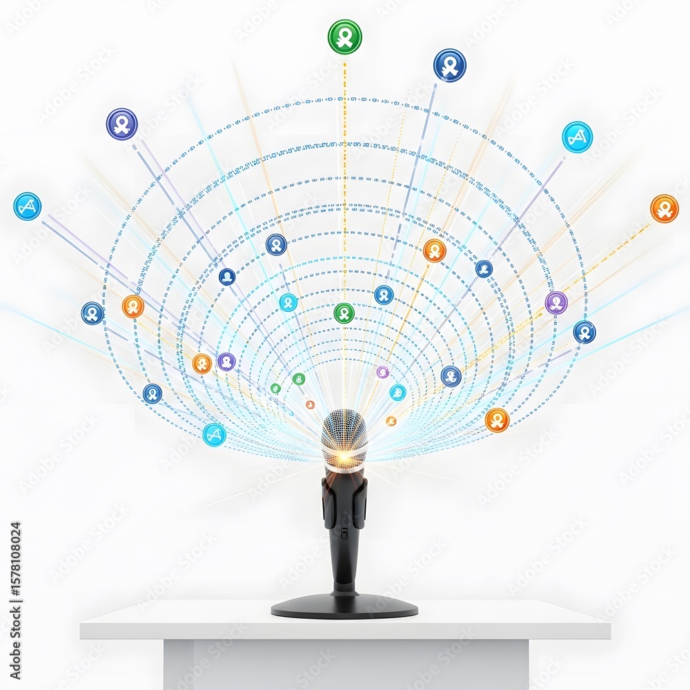 Poster microphone on table with connected colorful icons representing communication and audio concepts