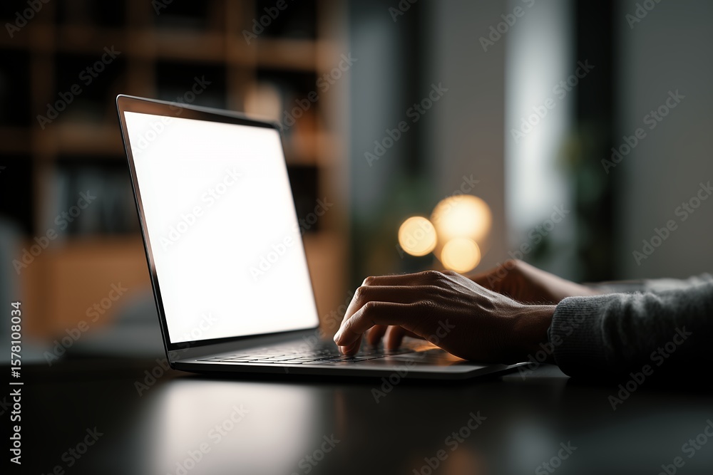 Poster close up view of hands typing on keyboard of modern laptop with bright blank screen in dimly lit roo