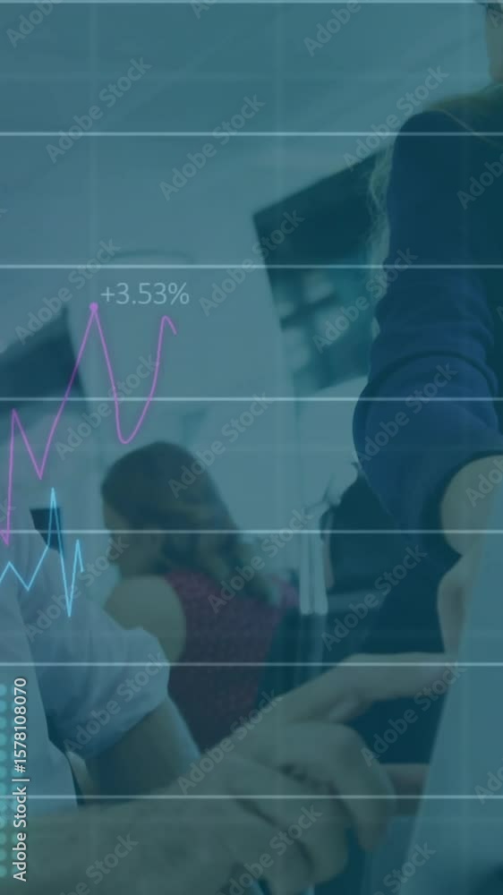 Poster animation of data processing and diagrams over caucasian business people discussing work