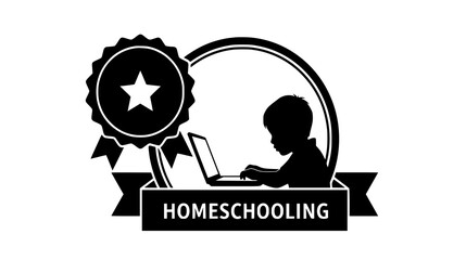 A child studies at a laptop, symbolizing homeschooling and online education with an award