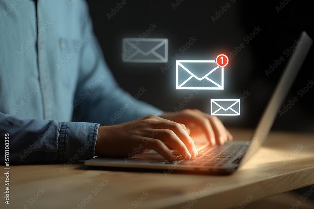 Aufkleber close-up of hands typing on a laptop keyboard, showing glowing digital email icons hovering above sc