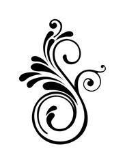 Black floral flourish design with swirls and leaf-like shapes, isolated on a white background.