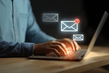 Close-up of hands typing on a laptop keyboard, showing glowing digital email icons hovering above screen, concept for digital communication, online messaging, and electronic correspondence
