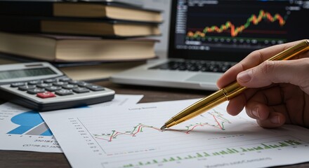 Business Analyst Hand Analyzing Stock Market Charts with Laptop and Calculator