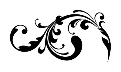 Elegant black floral swirl design element on a white background, creating a decorative flourish.
