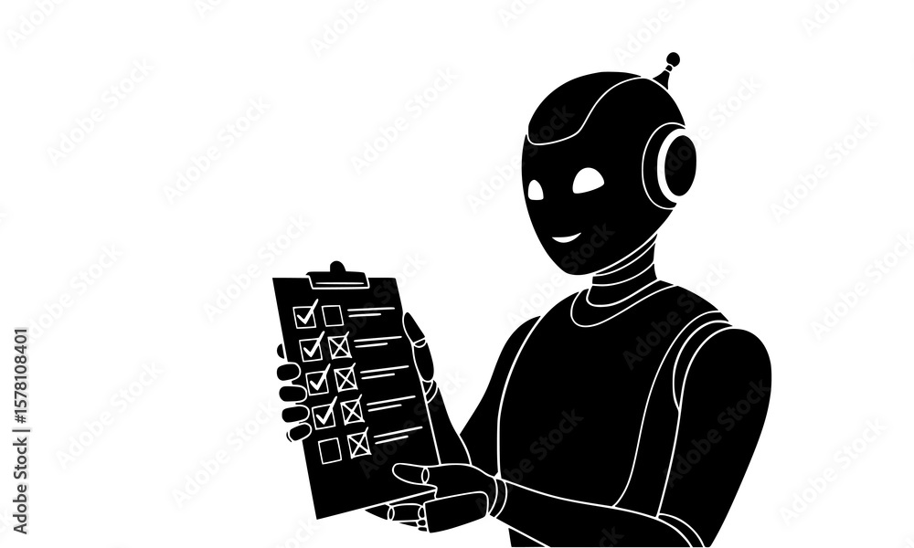 Poster a robot holds a clipboard with a checklist, indicating task completion