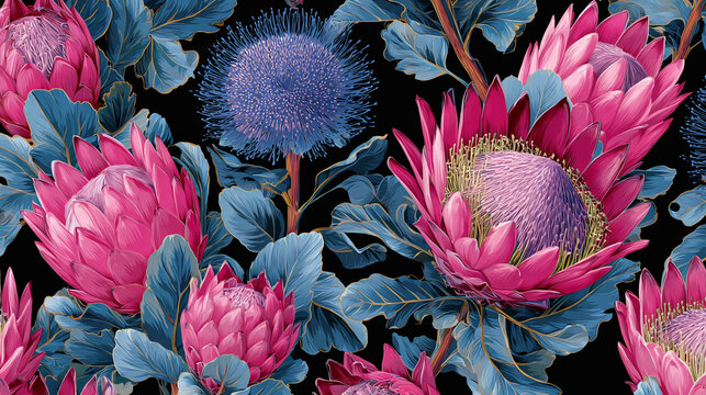The image is a floral pattern featuring King Protea flowers and possibly thistles, often found in designs for fabric, wallpaper, or art prints. 