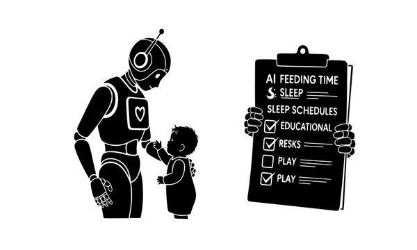 A robot reviews a checklist with a baby for care