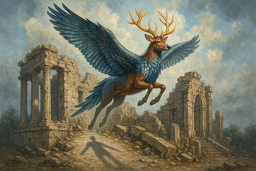 Fototapeta premium Peryton from European Mythology, Winged Stag Flying Above Ancient Temple Ruins
